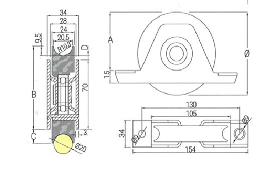 Esquema medidas rueda puerta corredera 90 y 100 mm con soporte atornillar